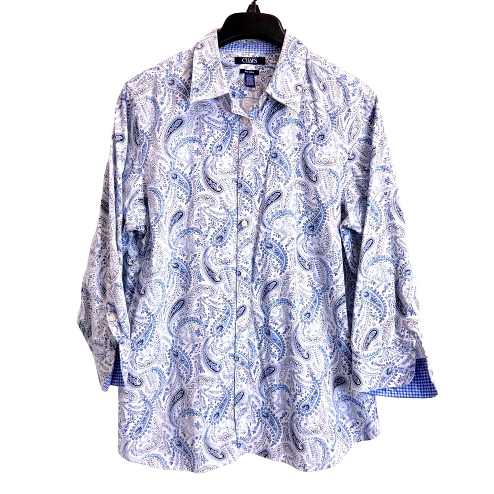 Chaps Womens Blue White Paisley No Iron Button Down Shirt 3/4 Sleeve XL